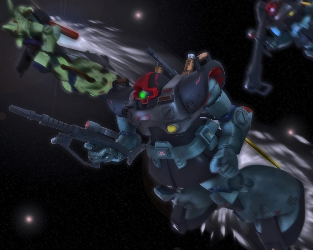 「トライバルリーダー・ブシドー01より各リーダーへ。各小隊はフォーメーションスラッシュを組み後に続け」「アルファ・リーダー・スモーカー02了解」「ブラボー・リーダー・ブルズアイ05了解」「チャーリー・リーダー・ビッグベア08了解」グラーフツェッペリンから飛び立ったMS達は設置したダミーバルーンが流されないように、スラスターを吹かさず機体を操る。そして艦からある程度の距離を取るとメインスラスターを入れ再加速する。隊長であるキリュウ大尉のザクが殿を取りリック・ドム達はそれを追いかける。その練度は高く直ぐ様フォーメーションを整えるとルナツーへ向かった。「艦隊からの出撃なんて久しぶりだぜ」「俺もルウム以来だな」「あのカタパルト。見た目の外観と違ってかなり荒い」「新造艦って言っても結局はチベと変わらないか?」小隊長達は久しぶりの母艦からの発進に会話が弾む。「各小隊長、我々は基地守備隊だがこのような出番が回ってきたという事は、それだけジオンが劣勢にさらされているという事だ。そして我々の実力を必要としている時だとも言える。各員成り上がりのジオン軍人だと揶揄されないよう奮闘せよ!」「了解!」