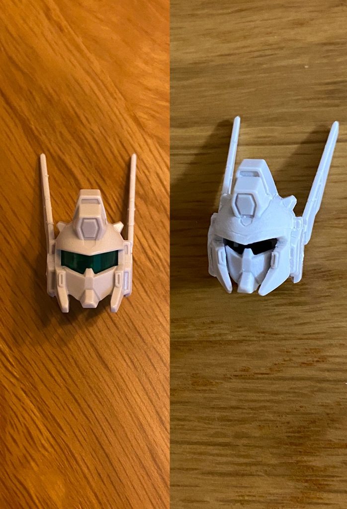 頭部のBefore→After。ヒサシと頬を延長して、相対的にマスクを小さく見せています。このあとマスク上辺に細切りしたプラ板を貼って、ゴーグルの見え方を変えています。