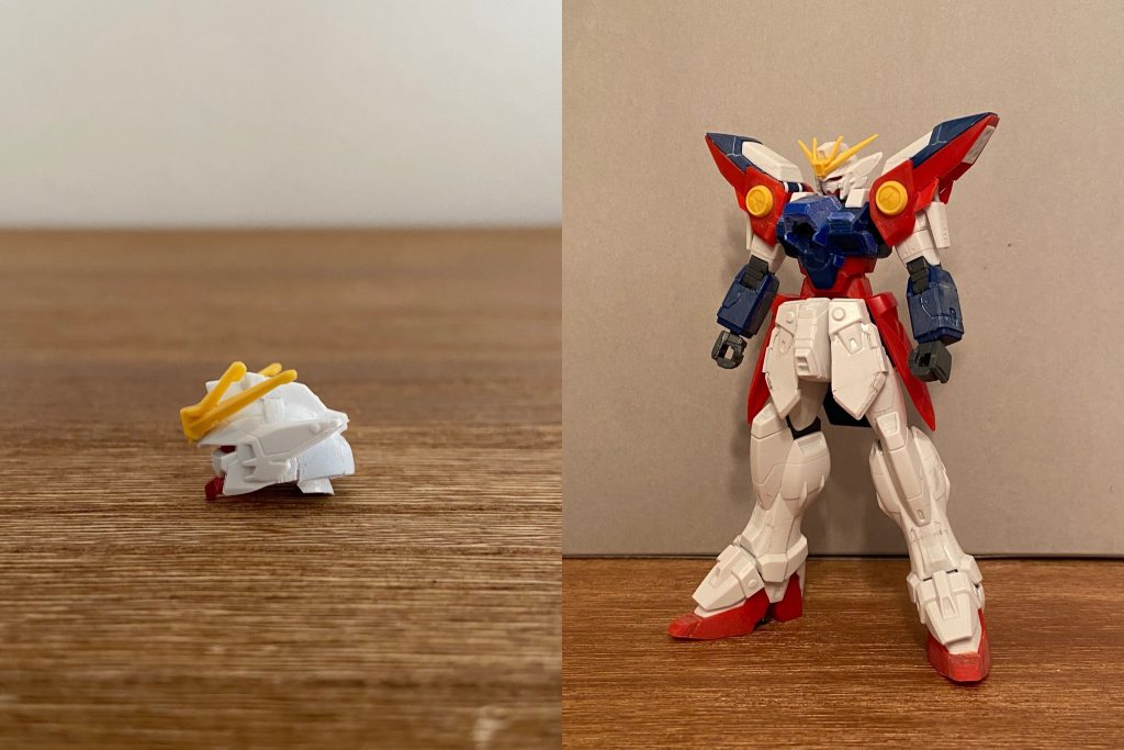 終盤OP冒頭の前後に長い横顔が好きなので、延長して少し近い形状に。肩アーマーは胸部側に幅増しと、外側にカットしたランナータグを貼り付け大型化。胸部は中央を盛り上がった形に大型化。角張った形に変更しています。
