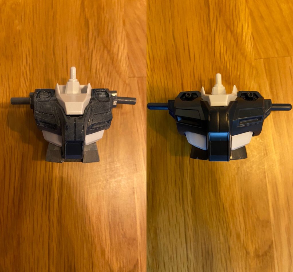 胸部・腹部。右がBefore、左がAfterです。胸部は左右ダクト内側の縁辺りで一旦3分割して、切り離した左右胸部を幅詰めし再接着。肩との接続はボールジョイントに変更。腹部は縦に延長し、胸部と固定されていた接続はボールジョイント接続に変更。