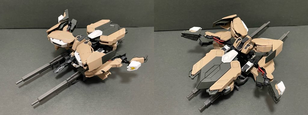 2番目に作成したアーマーです。グシオンリベイクフルシティの重装備でボリュームが凄まじいです。ロングレンジライフルは4丁全て装着できます。因みに、これとフラウロスのアーマーは工期短縮を図って、部分塗装+成形色仕上げにしています。