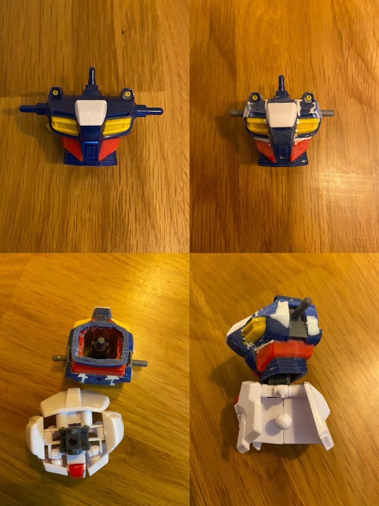 元のキットから特に形を変えているのは胸部で、幅つめするとともに上部を八の字加工し、脇が締まって見える効果を狙っています。腹部と腰部の接続をボールジョイントに変更しています。今になってみると、腰部との接続は回転軸のまま、腹部を上下段で分割してボールジョイント接続でも良かったと思います。この画像では未加工ですが、股関節は前方向に移設してます。