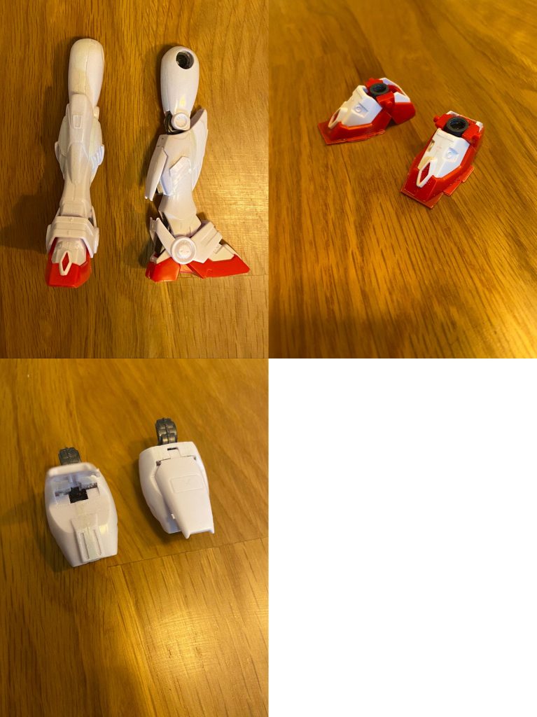 脚部は腿の幅増しと、膝から下はふくらはぎのみ一旦切り離して幅増し。足首は前後に切り離して前部のみソールを薄くする事で小型化しました。アンクルアーマーも足首に合わせて小型化。