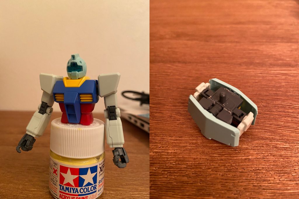 ジムとガンダムで共通形状の箇所はREVIVEガンダム、相違のある場所はジムから流用。頭部はガンダム胸部に比べて大きいので、上下左右前後に幅つめ。整面前はまるでフランケンシュタイン状態でした。腰は前後アーマーをジムから流用。前面アーマーは前後スイングの軸を活かしたかったので、基部ごと移植しました。