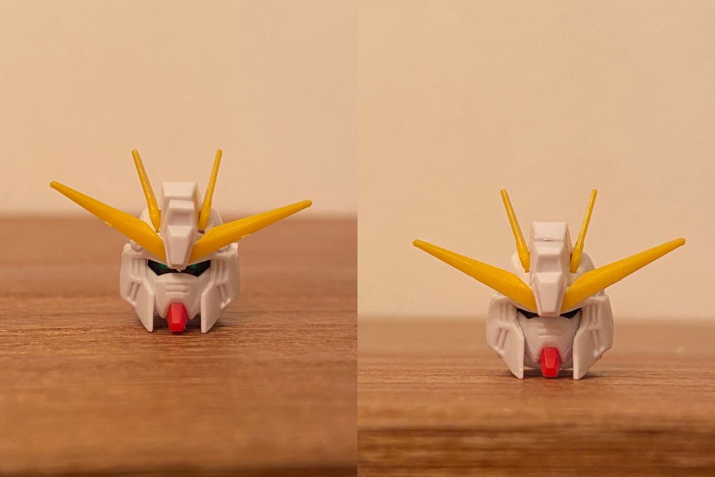 頭部のBefore、Afterです。精悍な顔つきにする狙いの一環でアンテナ位置を下げたのですが、アンテナがバルカン砲の前に来てしまっています…きっと、射撃時にはアンテナがスライドしたりして避けるのでしょう笑