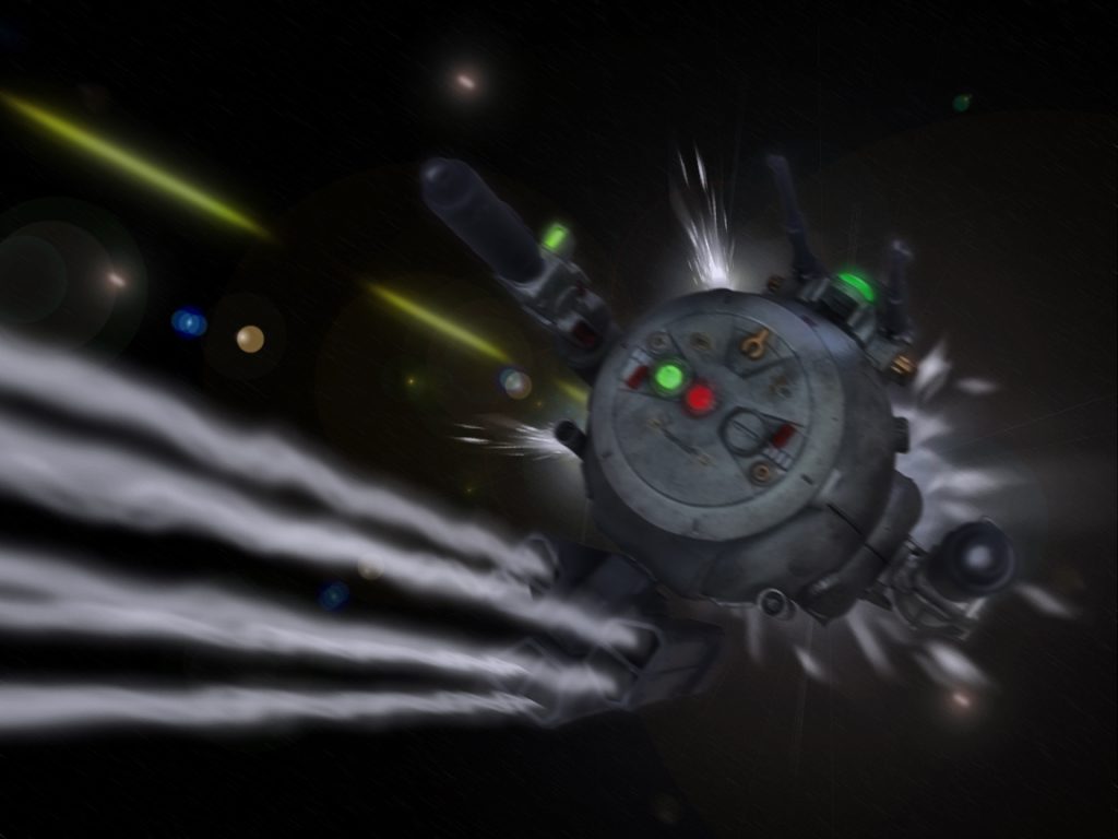 ザクFZの反撃にD−SIは自動回避システムで対応する。「無人機と言えど避けるか」DS−Iには後部以外にも姿勢制御や回避用にスラスターが各所に設けらている。D−SIは本来哨戒艇として高速で動くデブリや隕石を迎撃する為に造られており、対象物に接触しないよう高い運動能力を備えていた。また無人単独で長時間の運用を想定し大型バッテリーと大容量タンクを搭載している。開戦してからは対MS、艦艇プログラムも組まれルナツー周辺の防衛を担っていた。D−SIもその機械的な動きで弾を避けると本体下部にあるミサイルランチャーでザクFZを狙う。搭載している6発のミサイルを躊躇いなく射出すると白煙の帯が伸びた。キリュウは(その程度‥)と心で呟くとミサイルをマシンガンで撃ち落とし、爆炎を抜けるとD−SIに接近戦を試みる。