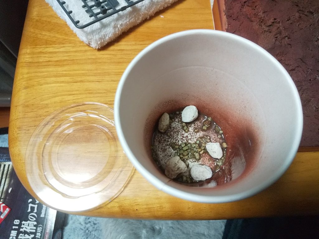 “使い捨てできて蓋がある容器” カップ味噌汁を使って、シャカシャカポテトの要領で塗装。塗料、溶剤、石を入れてガシャガシャ振る。ゼオライトの方に塗料が乗りにくかったので、先に洗剤で洗った方が良いかも?