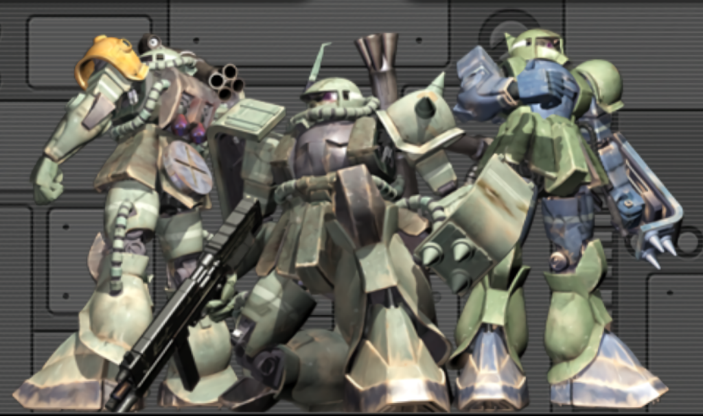 このCGの左のザクです。既に真ん中のしゃがみザク、右のサムズアップ旧ザクは完成しているので、これでジオニックフロントザク3兄弟が完成しました。