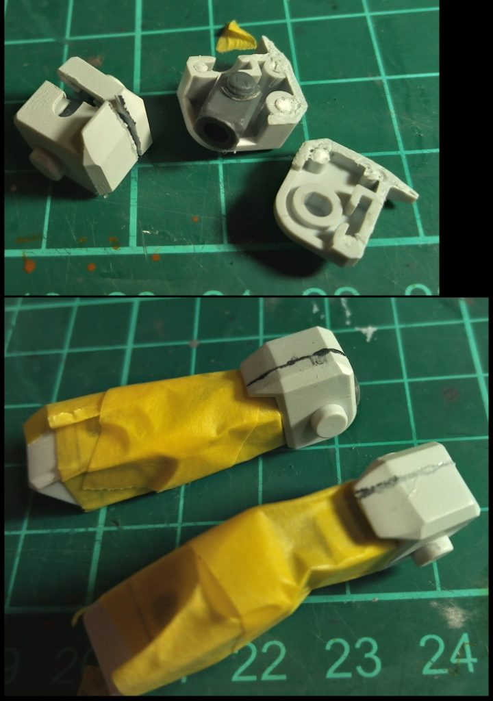 最終的に後ハメでなくて合わせ目処理後にマスキング塗装、みたいな感じになったんですけど、結果的にこれは後ハメ加工要らずで楽だったのでは…？と思いました。バラせなくなるんですけどね。ほいでもって箱のパッケージ絵を見ると、肩のモールドに赤いチョンチョンがついてたので調べる。これはレッドポイントなるブツで、レッドチップを作って貼るといいんだよォ！との事なので、やってみました。