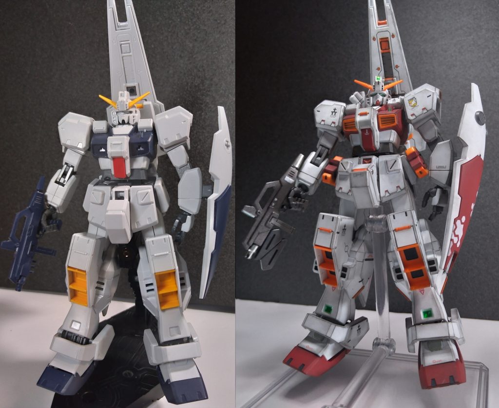 素組の比較。ティターンズ系のシール持って無かったんで、今回は肩と腰だけ付属のシールを使いました。やっぱり普通のシールは分厚いので浮きますね。