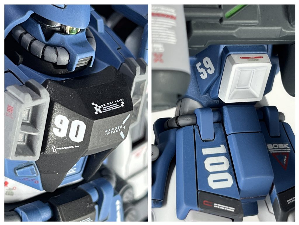 前作のGMと同様、「90-59-100」マーキングを施しました。究極の自己満足です。また、HG特有のあっさりした造形をスジ彫りやプラ棒とプラ板でディテール追加して賑やかにしました。