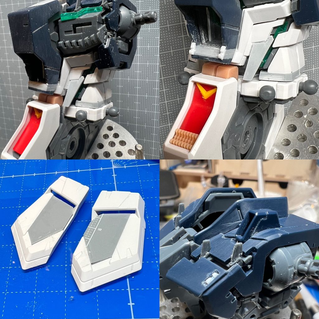 延長した分外装はプラ板で製作、延長。フレームぽいディテールを随所に入れてます。フロントアーマーは埋めました。