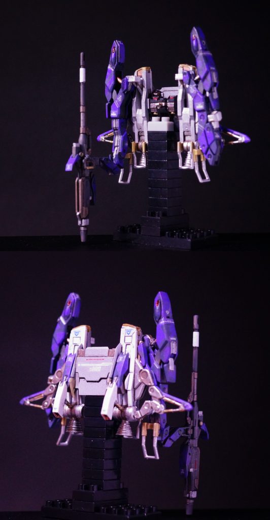 G-DFCRはガンマカのパープルとメカグレーでシュプリッター迷彩にしています。ところどころ、最近お気に入りのMrホビーマーカーの焼鉄色で大砲のカラーリングにリズムを持たせています。●個人的に「スーパーガンダム」という呼び方は嫌いです。名前負けしてしまって。グリプス戦役時代の「ガンダムを超越したガンダム」は、ゼータです。それが出た後に、ガンダムのアップデート版であるMK-IIを亀仙人にして大砲もたせたぐらいで「スーパー」なんて、その意味を安売りし過ぎでMK-IIの価値を貶めてしまったネーミングと思ってしまうのです。「G-DFCR装備型MK-II」とかのほうが、よくないですか?