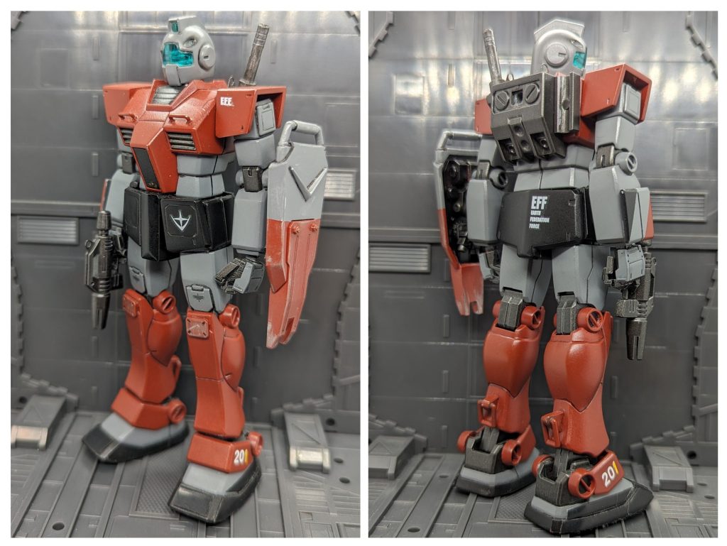 標準装備状態ビームスプレーガンとビームサーベル、シールド。ジムの鉄板装備ですね♫シールドは旧シリーズの陸ガンから拝借してます。右腕にも腰サイドアーマーの余りを装備し、防御力を高めてます。機体各所にディテールアップパーツを貼り付けました。塗装は赤い部分を艦底色に、ホワイトグリーン部を暗めのグレーとし、全体のトーンを落としています。