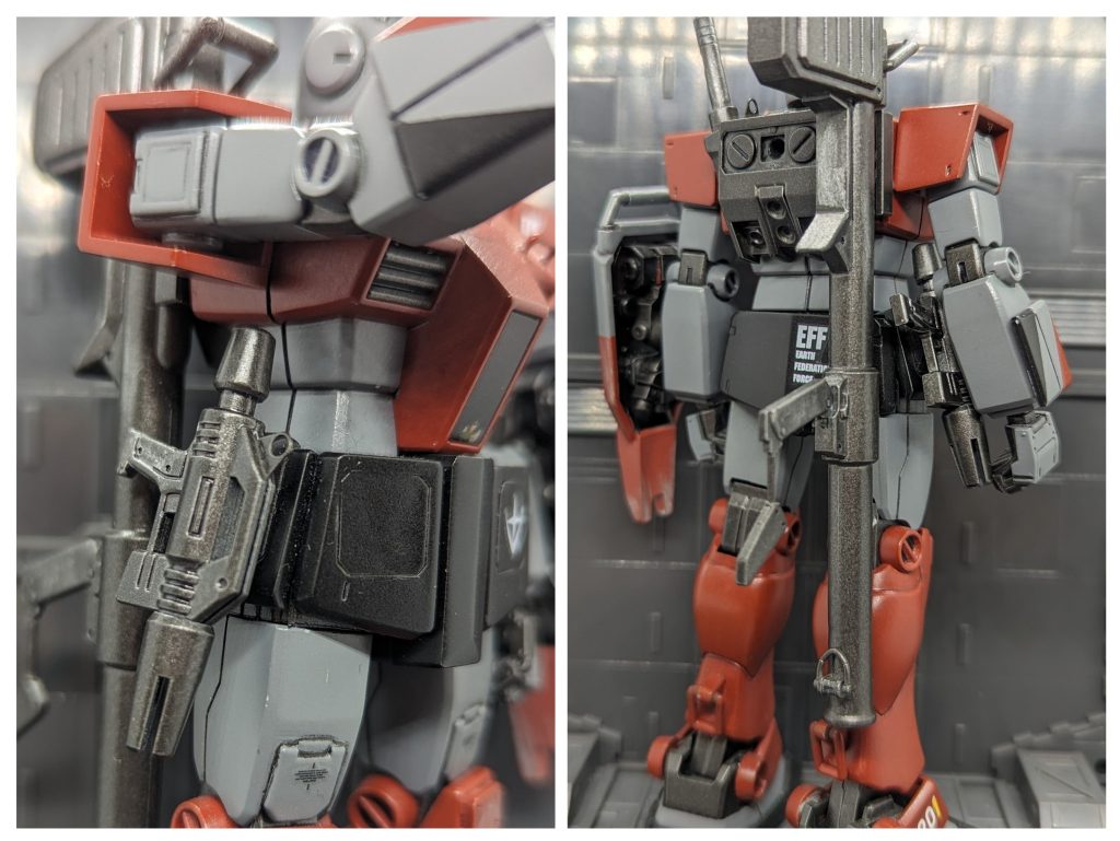 腰部右アーマーとランドセル右側には懸架装置を取り付け、スプレーガンとバズーカを懸架出来るようにしてみました。MGシリーズのジム(Ver.1)を参考にしてます。