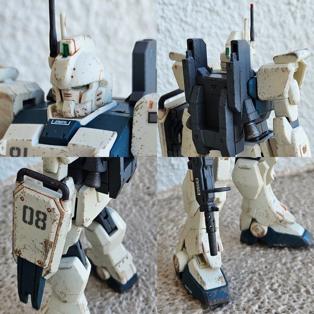 ガンダムマーカーでアンテナ、センサー、バーニア、シールドのキャリングハンドル、足首シリンダー(らいだ~joeさんリスペクトで金銀メッキ)を部分塗装しました。茶色先細ペンで墨入れ、キット付属シールと市販デカールを控えめに。