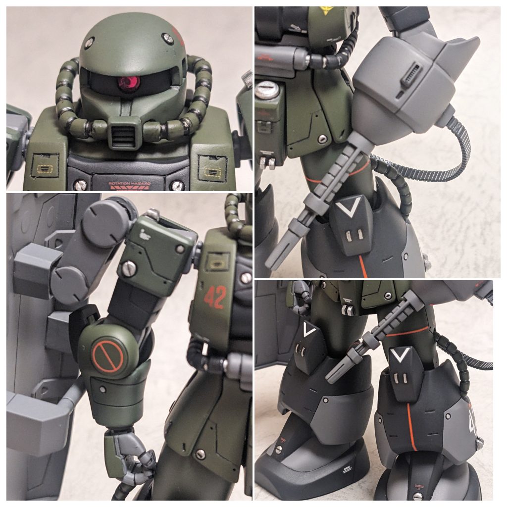 各部アップです。今回の作例のポイントは、旧hgucザクの良さを最大限引き出す事でした。旧hgucザクの良さは、①シンプルな構造故のミキシングのしやすさ②動力パイプの造形の細かさだと思っていて、①についてはhgucズゴックとのミキシングがとてもやりやすかったです。②については動力パイプの節の間に細いパイプのディテールがあり、そこに銀色を塗装するとすごくディテールアップに効果的で好きです。（その分塗装がとてもしんどいですけどねー）