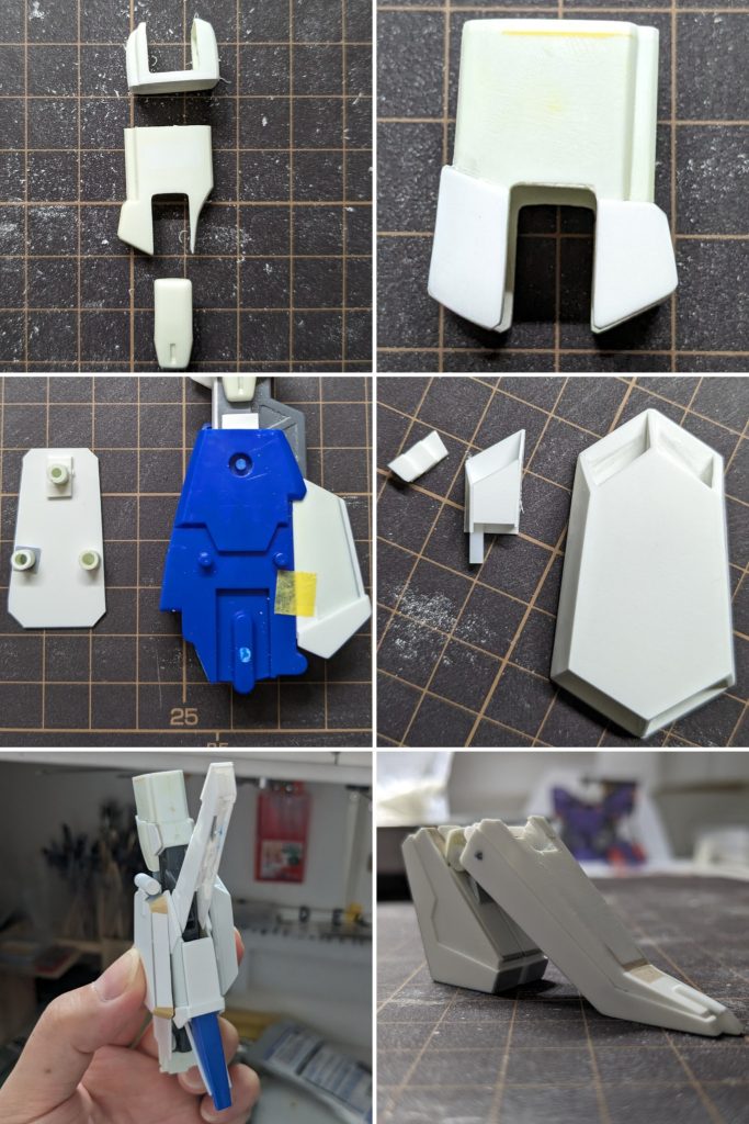 脚部の製作。太腿は使えそうなので流用。合わせ目を消すのとロール軸の追加の為に分割部分を変更しました。膝アーマーがちょっと大き過ぎましたね。