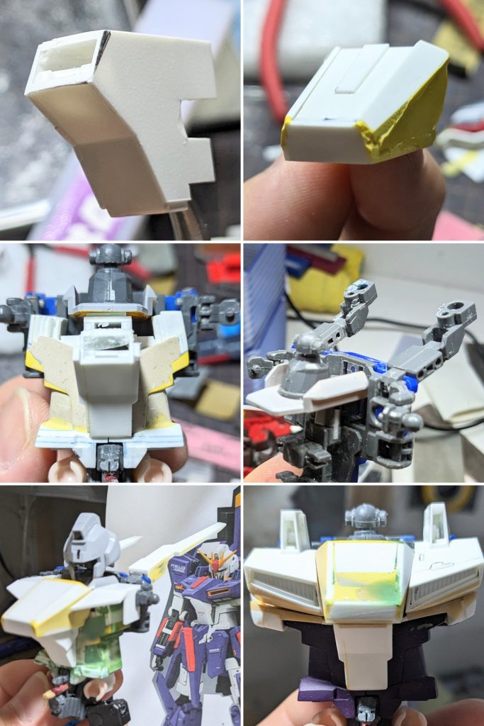 苦労した胴体部。ほぼプラ板とパテで製作しました。リアのウィング(?)は元の胸フレームと連結したパーツを後ろに倒して基部としました(写真4、5枚目)。
