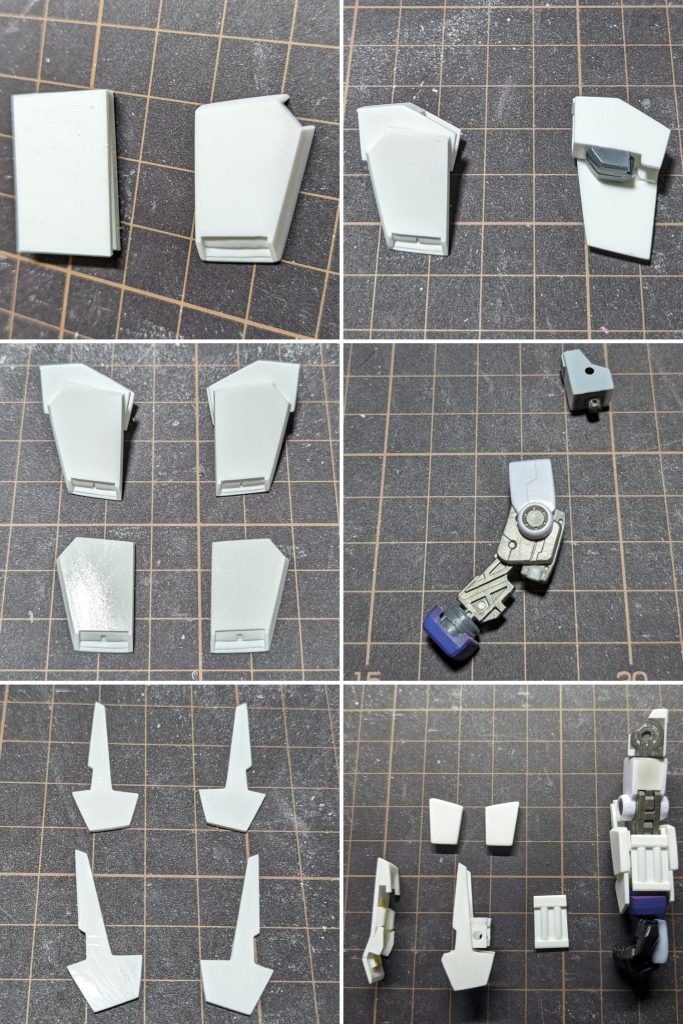 腕部。ショルダーアーマーはプラ板積層からの形状出し。上腕及びフレームはMGオリジン版のガンダムの物をヤフオクでゲットして使用しました。ハンドパーツはRE1/100の物を使いました。