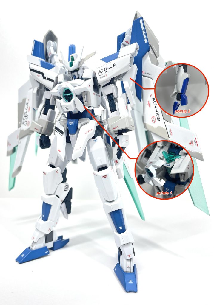・ガンダム ステラルクス 前部こちらがアーマー装備状態になります。・ポイント 1胸部のAGEシステム部分は取り付けるのにかなり頭を悩ませました。結果的にネオジム磁石でくっつける作戦で何とか形に出来ました!ディテールアップでトランジェントガンダムのパーツを一部使ってみました。・ポイント2肩ですが今回結構気に入っているパーツ敢えて別の部分のパーツを方に出来ないかなと思い切ってAGE2の脹ら脛のパーツを肩にしてみました!プラ板を使ったり不必要な部分は削ったりと新しくデザインし直しましたが