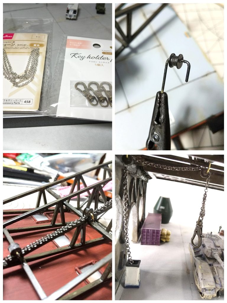 トラス屋根にはクレーン的な物も作ってみました…が…有り合わせの物でパパッと作った見た目だけのハッタリ装置なので物を吊るとチェーンがスッぽ抜けますwただのディティールw