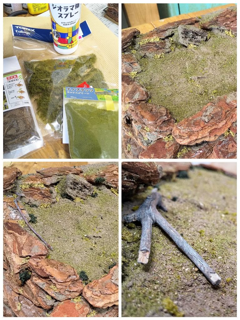 草パウダーを3色ミックス。1色では不自然に見えるので最低2色以上混ぜた方が良し。前回は自分で水溶きボンド作ったけど、今回は市販のスプレーボンドを使用。楽チンw先に地面にスプレー→パウダー撒く→もう1回スプレー。何もせずに先にパウダー撒くと、スプレーの風圧で全部飛びますw更に色の違う茂みを設置。自然の地面は意外と色数多いのでコレが効く。最後にアクセントの枯れ木を数本配置して地面は完成。