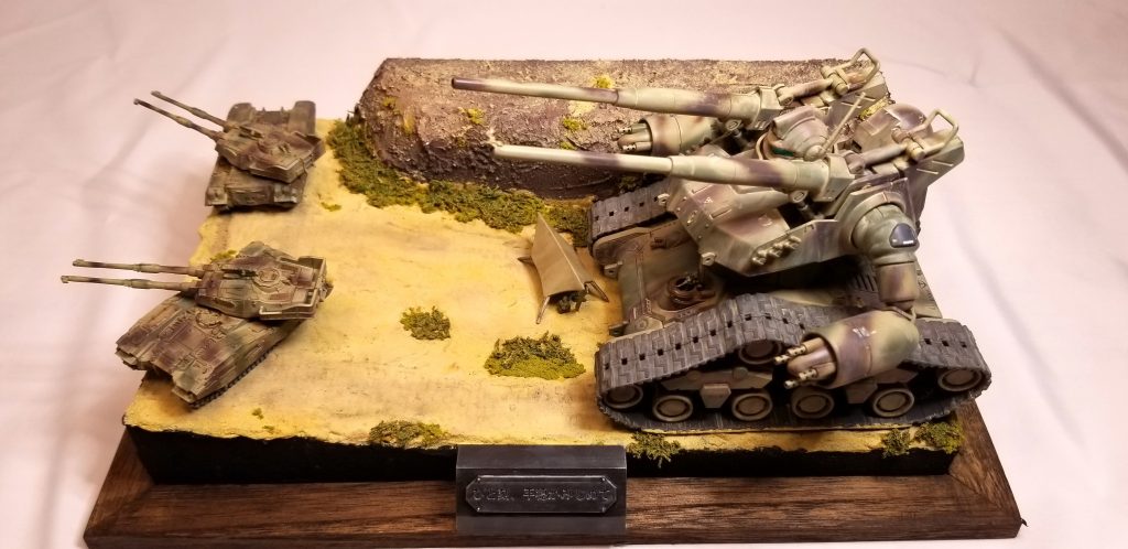 全体写真です。イメージは「戦闘地帯手前で小休止を行う小隊」です。砂は情景テクスチャペイントのライトサンド草はダイソーの草2種類をアクリルガッシュで色付けし、水溶き木工用ボンドで混ぜて盛りました。