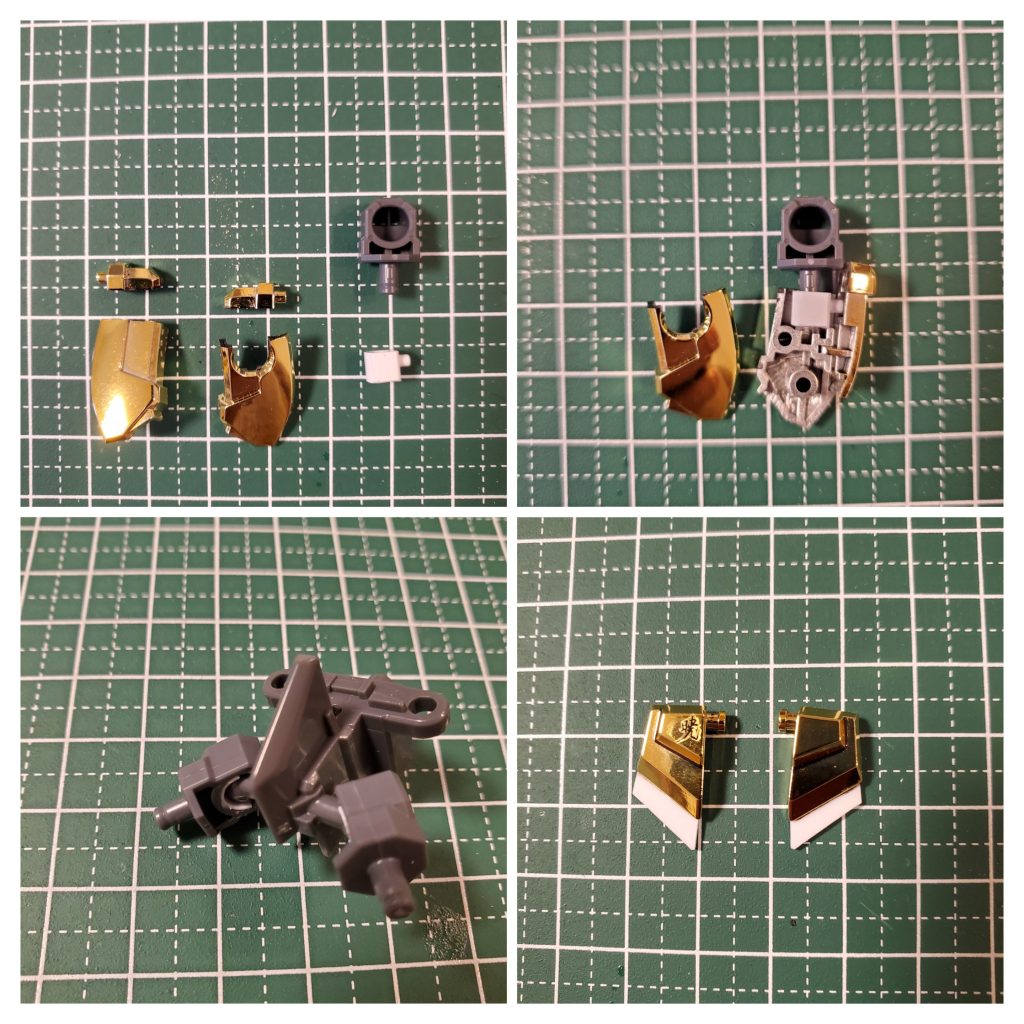 アカツキのももを切断EGストライクからももの接続用部品と、間接をはめこむ部分のみを切り出し接着。本来のジョイント穴はプラ板で塞ぎ。移植したはいいが、間接部品のボールジョイントはサイズがあわないのでプラプラ、その為0.3mmプラ板を挟み込み、保持力の向上。腰の部品が短いので1.2mmプラ板で延長