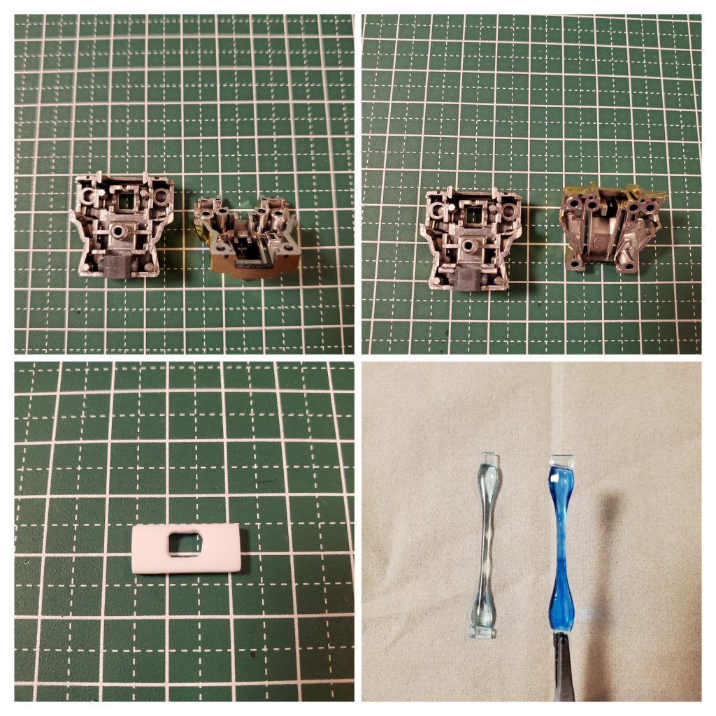 胴体を延長するために、ポリキャップの位置を腰よりに調整。腰と胴体に挟む部品を制作(1.2mm×2枚)射出用エフェクトをクリアーブルーで塗装部分塗装(初アクリジョン筆塗り)をして、ガンダムマーカーブラック、エナメル塗料ブラックですみいれ赤のパーツはシルバーからの、クリアーレッドで塗装