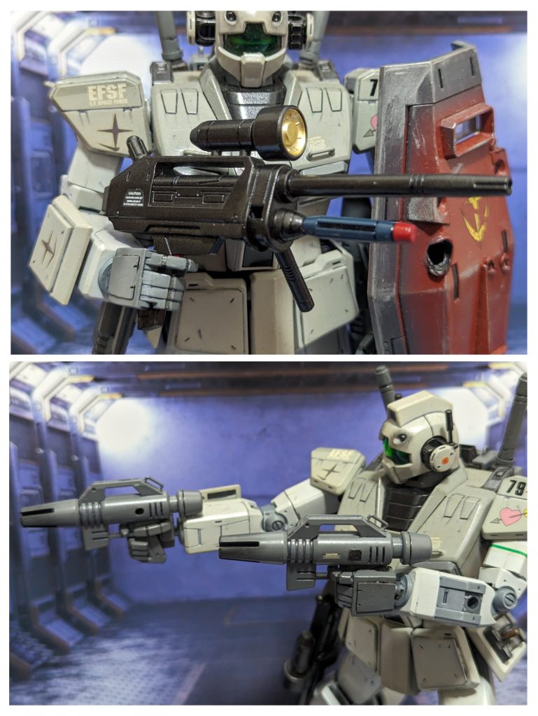 射撃系兵装です。ビームライフルはガンダムの物をベースに改造して持たせてます。中・遠距離戦用。グレネード弾一発も搭載。ビームスプレーガンは2丁持ちです。主に近距離戦用。