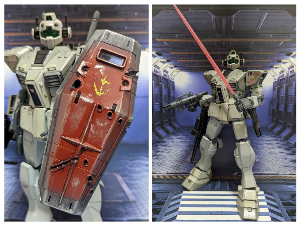 近接武器はビームサーベルの2本持ち。隊長機仕様ですね。シールドはダメージ加工しています。やり過ぎ?