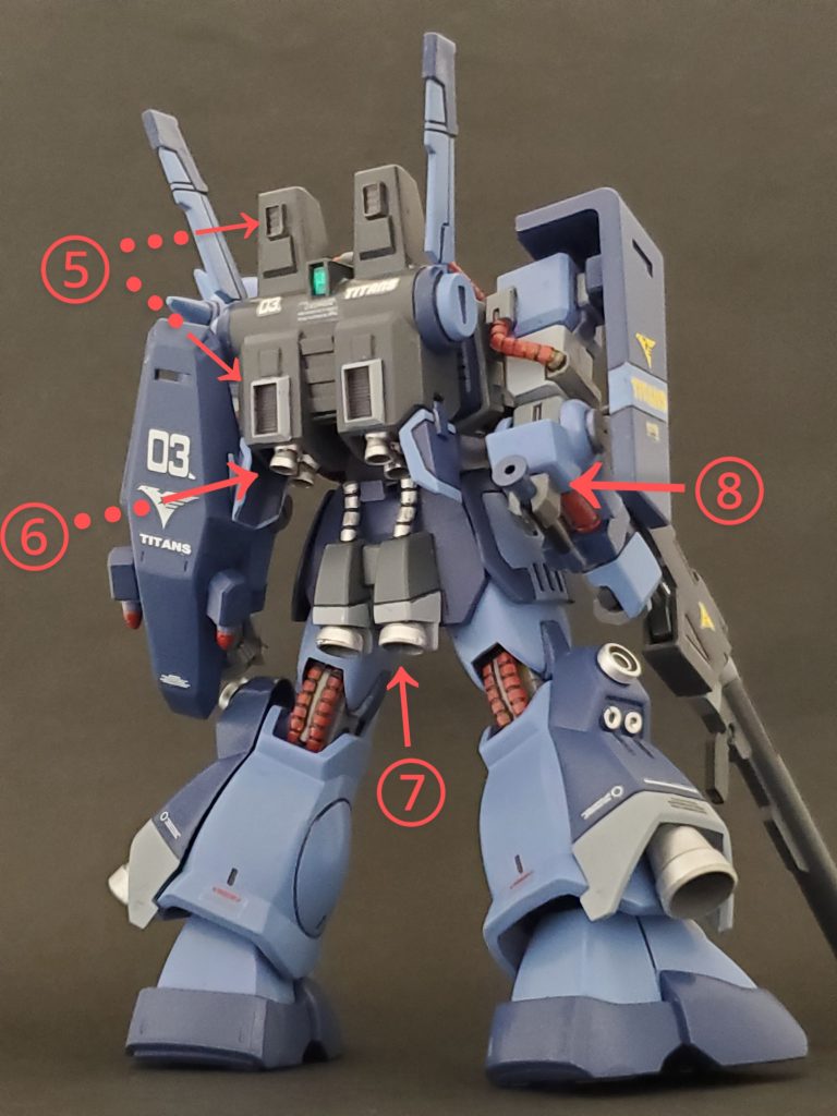 Lia view~✴️今回は背面の方が改修変化がよく判ると思います😆⑤バックパックの上と下にスラスターを追加❕上はコトブキヤさんの🎵下はウェーブさんのを使用しております🙇✨⑥元からある4つのバーニアを存在感アップのために小さなバーニアをさらにくっ付けました🎵これもコトブキヤさんのバーニアパーツです😋✨⑦今回のチャームポイントの一つであるリアブースター😆🎶こちらはジャンクとして我が家に眠っていたグフR35のパーツ❗取り付けてみたら結構お似合い🤩使わず温存していた甲斐がありました🎵⑧このキット、ビームサーベルは付属されてないのでリック・ディアスで使用しなかったビームサーベルを流用~👍️マウントパーツ配置場所がなくて、ポリキャップで腕に取り付けてました😎✌️