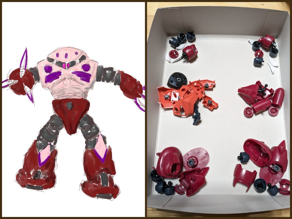 パーツオープナーを使うとみるみる簡単にバラせちゃいましたꉂ🤣𐤔明るいとこって今見ると結構濃いサーモンピンクだったんですね🤔写真左は最近キャラ絵ばかりですがイラストも描き始めたので、イラスト練習も兼ねて仮組みのプラモを観ながら下書きをして、自分がどういう風に塗ろうと思っているのかのイメージを忘れないように描きました🌈腕の部分なんかは結局、塗装の段階で変えちゃいましたけどねｗうちの初ロボットイラストです( ⸝⸝⸝¯  ¯⸝⸝⸝ )
