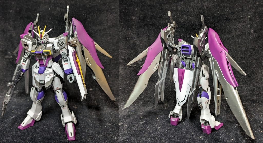 正面と背面からSEED機体はバックパックがデカくて重いのでかなり苦しいですが支えなしで自立可能配色は元ネタと同じ赤紫にするはずが結局趣味に走った色に