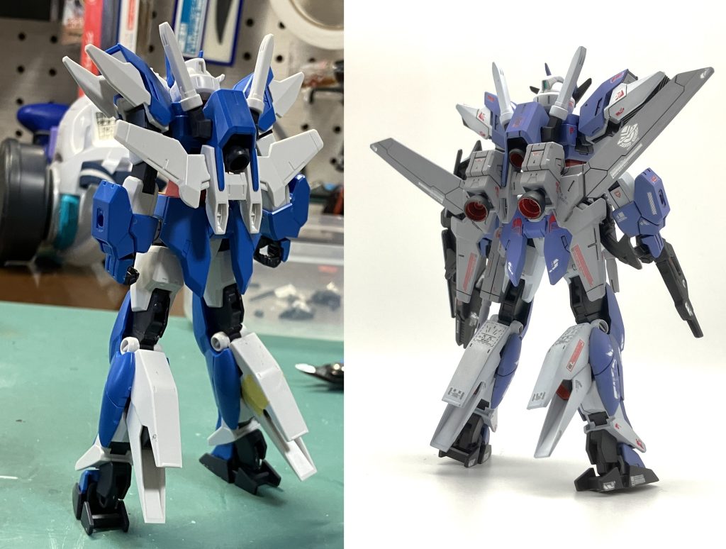 背面比較ウィングの大型化とバーニア・スラスターの増設でかなり変わってますがアースリィの見た目を逸脱しない強化型ができたなと思ってます。