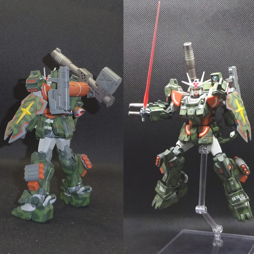 ランドセル左側に左手用の予備ライフルをマウントしてます　これはまんまブキヤのパーツを取り付けただけっす　（ちょうどいいサイズだったので）　後は左腰に開閉式でビームサーベル２本収納可能なサーベルラックをスクラッチして取り付けてます　この写真だとお分かりいただけると思いますが、ビームサーベルを持つ時などは2連装ビームキャノンの砲身と基部がスライドして短くなるようにしてます（そのままだと邪魔過ぎるんでｗ）　　ラーは和風を意識してるらしいので　サーベルの位置を左腰にしましたｗ　左右のふくらはぎ外側についてる3連ロケットランチャーはジャンクパーツとプラ板　プラパイプ　ランナーによるスクラッチ　