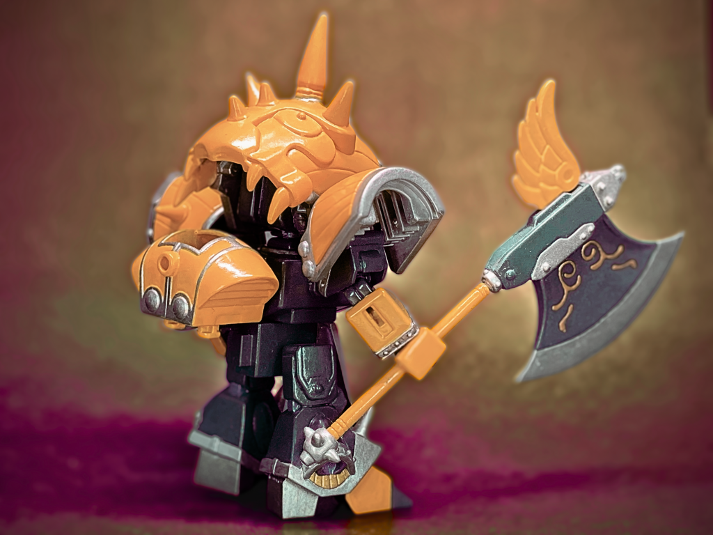 ○素材ブレイブバトルウォーリアーズ031 真 典韋アッシマー・賈クアシュタロン 攻城兵器セットの典韋アッシマー○塗装・Mr.フィニッシングサーフェイサー 1500 グレー・Mr.カラー 筆塗り・GSIクレオス Mr.スーパークリアー つや消し スプレー○撮影・カメラ：iPhone SE (2022)・小型撮影ボックス ミニ撮影ボックス LEDライトボックス 簡易スタジオ 折り畳み 簡単組立て 持ち運び便利 小物 スタジオ 撮影 キット 背景布6枚付き USB給電 (2つのライトバー)使用○写真修正：Canva