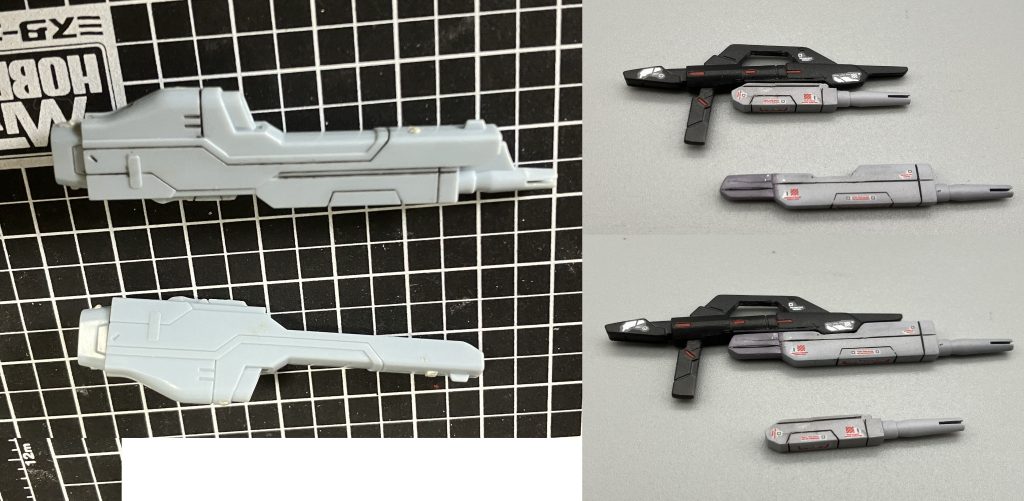 サイドアーマーのライフルパック旧HGストフリのビームライフルを改造しました。HGCEは原作通りライフルを伸ばしてロングモードにするのに対して旧版は差し替え式だったのでマークⅡみたいなエネルギーパックを作れそうだなと思い作りました。結果的にいい感じの換装ライフルにできたので満足。