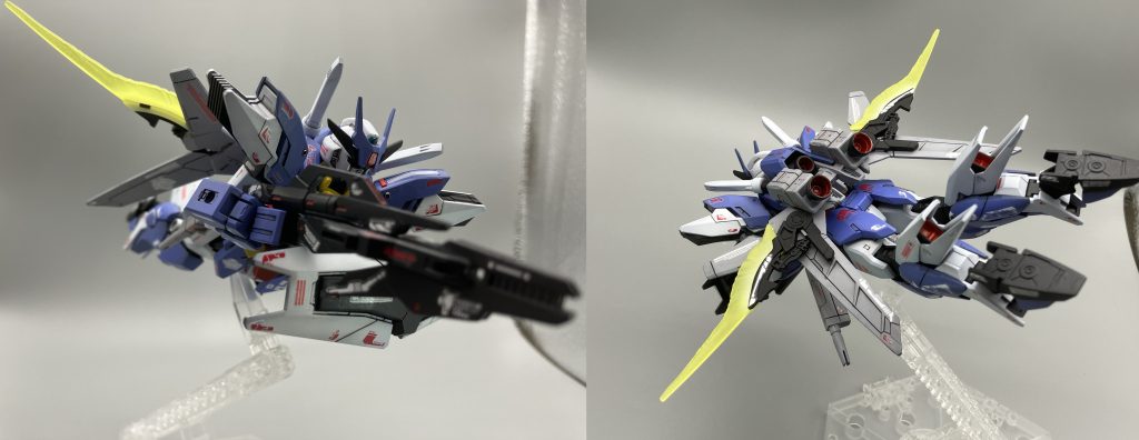 空域・水中形態180度回転させ、下方面に下げたウィングと3門のバーニアにより長時間の飛行と潜水が可能。また、フィンザンバーを改良したビームアックスは武器だけでなく翼のように展開し、推進力としての補助を行うこともできる。