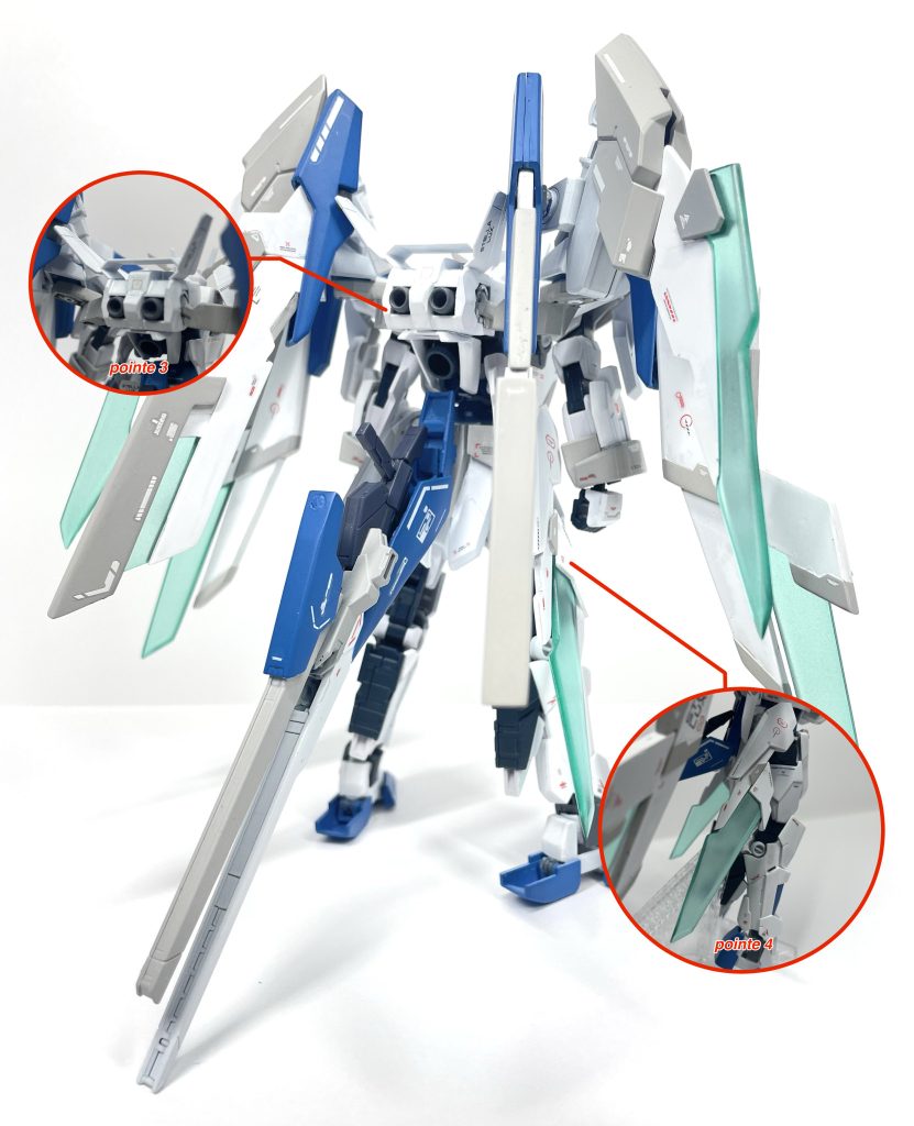 ・ガンダム ステラルクス 背部・ポイント3スラスターにはAGE2のものをそのまま使っても面白味がないかなと思いダブルオーダイバーのスラスターと合体させました。上手いこと一体化させたかなと思ってますが別パーツと干渉したりと素人感が否めませんね😩・ポイント4サイドスカートにもAGE2を使うつもりでしたがトランジェントガンダムのサイドスカートかっこいいじゃん!となりそのまま採用しました。可動する部分やクリアパーツの部分はプラ板で1から加工しておりますら。トランジェントガンダムのパーツ使いすぎてトランジェントガンダムとAGE2のミキシングみたいになってますね(笑)ですがプラ板から加工して作り出したオリジナルパーツも沢山施されてます!