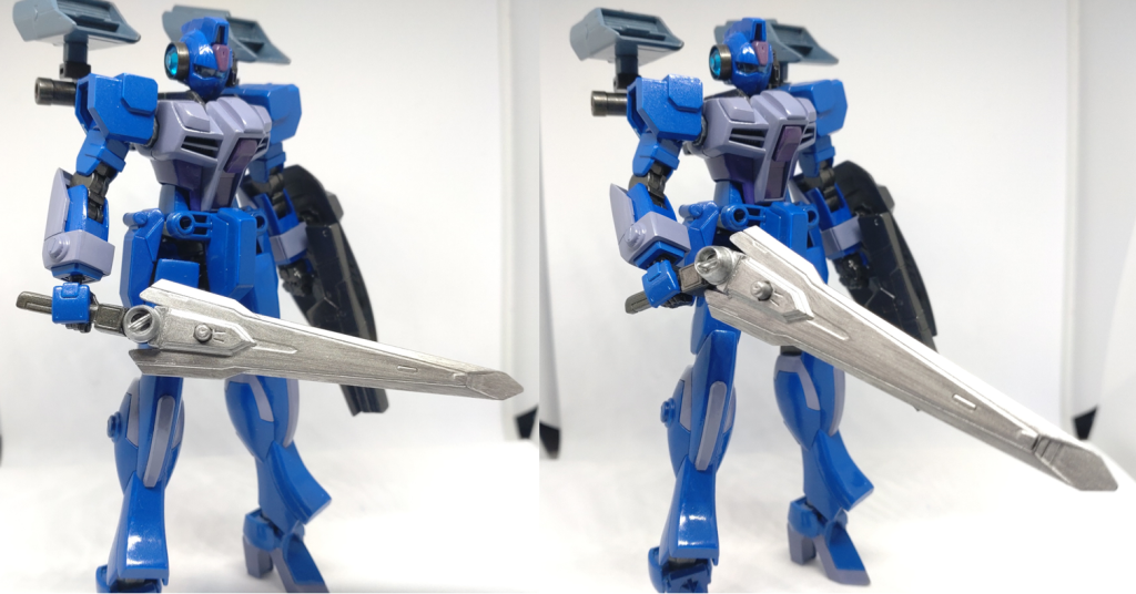 武装1 GNガンブレード 可変式の実体剣で粒子を纏った斬撃の他刀身を傾けたライフルモードによる射撃もできます。素材はバインダーガンの刃に付属のジョイントで持ち手を作ったものです。 撮影後刃部分をメタルブラックに塗り直しました。