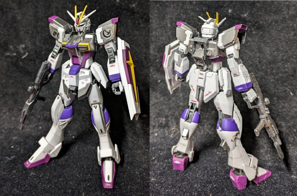 バックパック取っ払った素体　ほぼ本家インパルスのままですが元ネタと同じくコアスプレンダーと上下の分離機構がオミットされ背面はマルチパックに交換されています　キットではHGストライクとニコイチそのままだとちょっと寂しかったのでバーニアは残してあります