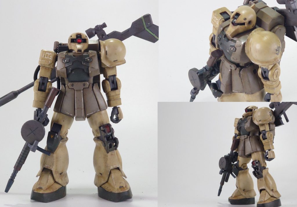 今回作成したザクスナイパーです、元は素組みの中古品だったのでスナイパーライフルと平手、右手が無かったので他から持ってきました今回は成形色を生かして部分塗装、お手軽汚しで仕上げました慢心から膝の左右上下を間違えて組んだのは秘密です