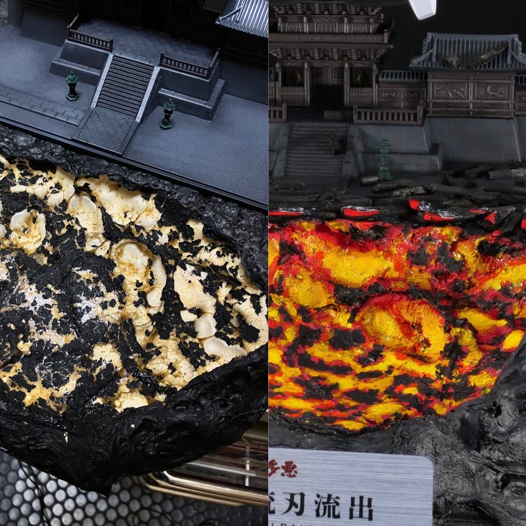 カネライトフォームをベース塗装後バーナーで炙るとリアルな燃焼エフェクトの下地ができるので、ファレホ無希釈で塗っていきます。