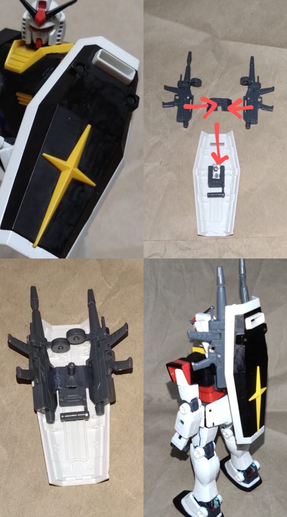 シールド前回と同様。何も変わってませんが、裏にビームライフルを収納するようにしました。ジムのビーム・スプレーガンと同じで、プラ板で作ったパーツにライフルをを左右に装着し、シールドの裏のジョイントパーツに挟めるといったシンプルな方法。無論、そのままバックパックか腕に装着可能です。