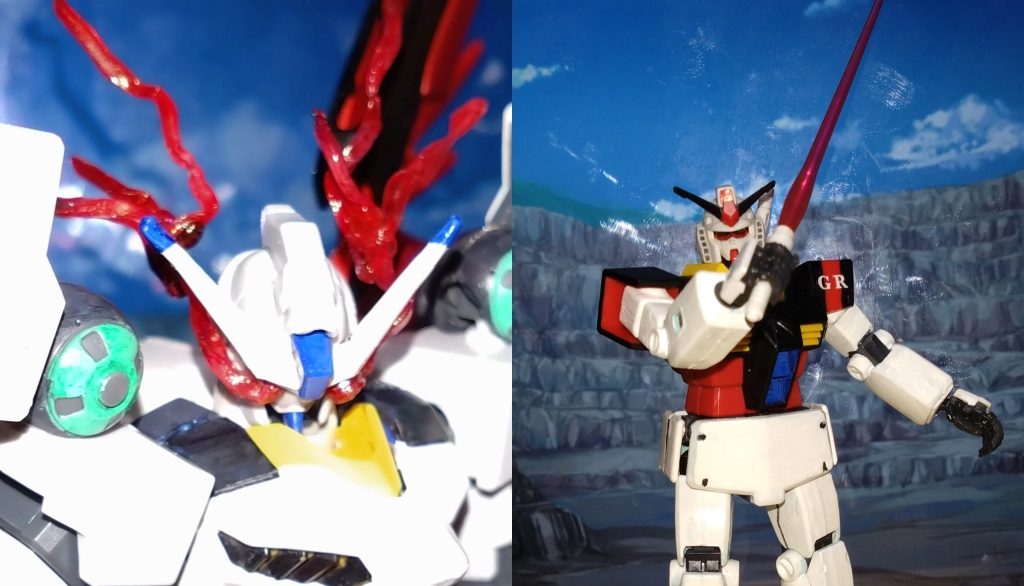 「何だ?」「能力解放!リベロ、アンラッシュモードを開始するーーー」 アルカはビームサーベルを出し、構警戒する目の前でリベロの目が赤く発光。その場の空気が大きく変わり、リベロはゆっくりとアルカのGRガンダムを見る。 「『EXAM』?…いや、違う!まさか!?」「『阿頼耶識』、そのリミッターを解除したまでのこと」「だが、そんなことをしたらお前の身体が……」「既に問題は解決している」 阿頼耶識のリミッター解除。しかもリベロにはパイロットに影響を与える問題を解決していた。リベロ、まさに自由のガンダムだった。 「阿頼耶識によるパイロットへの身体障害の解決…。何なんだ、そのMSは!?」「転生する前、リベロを製作した時にそう設定したからな」「設定?転生前、ガンダムを造ってたのか?」「そこから先は語らない。答えられる範囲でなら答える、それで構わないだろうか?」「なら、答えてくれ!お前はリベロで何をするつもりだ?お前は俺達にとって敵か?味方なのか?」