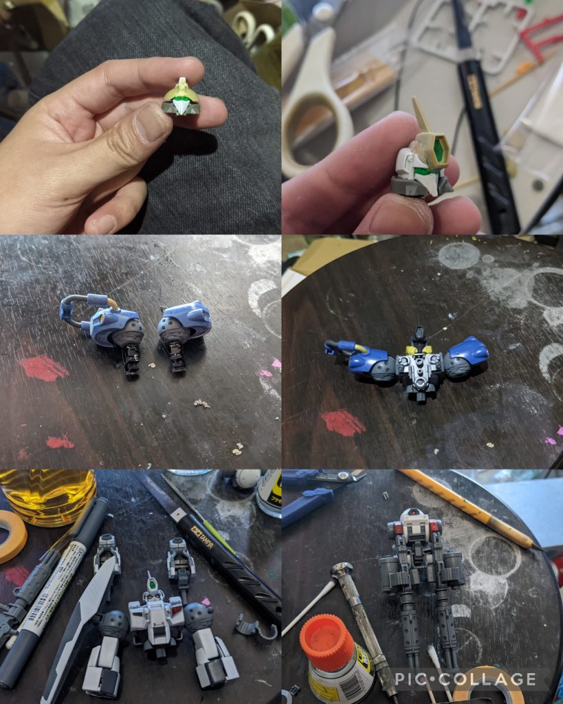 当初は両肩をケンプファーの物をつかって、大型ガトリングをマウントさせる予定でしたが…どうにも肩幅が広くなりすぎるので…ザクを参考にアレックスのシールドを右肩に付けました