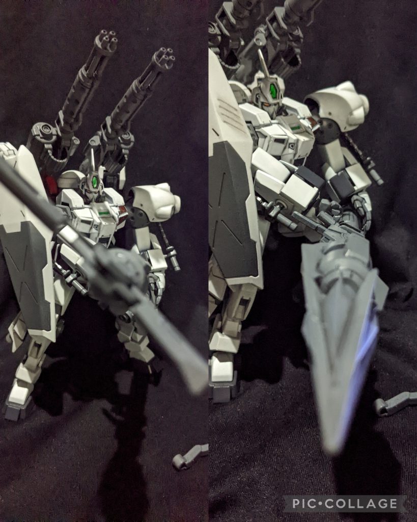 手持ちの大型ビームガトリングは持ち替えて大型工具系武器になり接近戦でも使用可能。大型工具系武器はスパロボのガンレオンを参考にしました。付替えで切断機と削岩機になります。どのみちドツキまわします(笑)