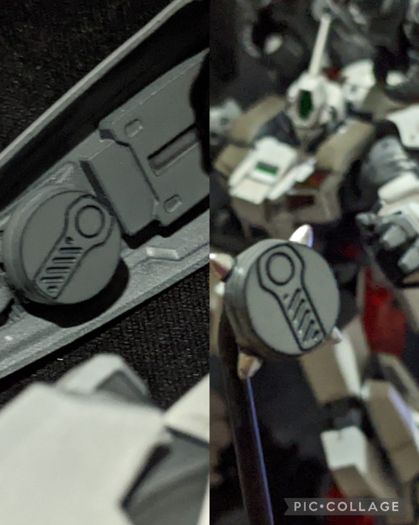 右肩のシールドの裏には平型爆弾があり作戦によって装備するものを変えます。左は「閃光弾」で目眩ましをさせて撤退する時等に使用。刃がついてるものは施設襲撃等で使用。